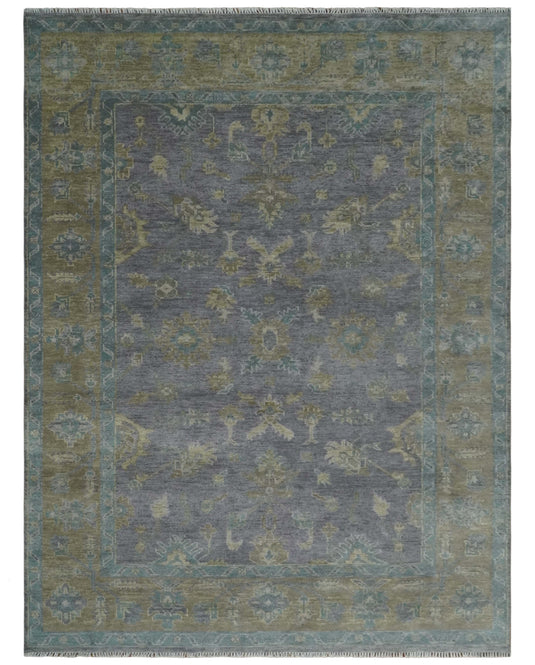 Antique look Hand knotted Charcoal and Olive Traditional Floral Oushak wool Area Rug