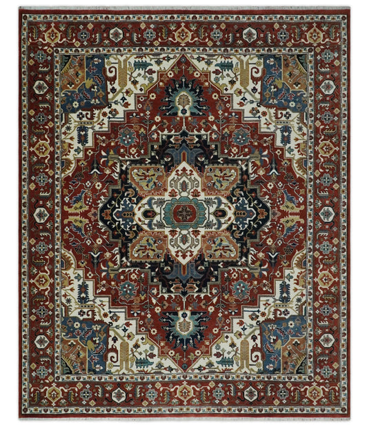 Brown and Ivory Hand knotted Premium look 8x10 and 9x12 Traditional Heriz wool Area Rug