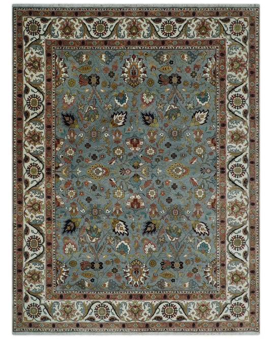 Traditional Turkish Light Blue, Ivory and Peach Floral 9x12 Hand knotted wool Area Rug