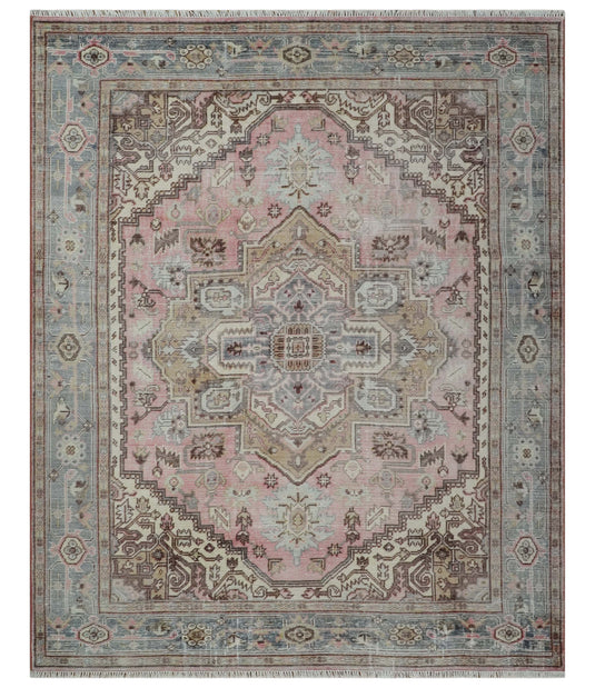 Beige, Peach and Silver Antique Finish Hand knotted Heriz Serapi Multi Size wool Area Rug