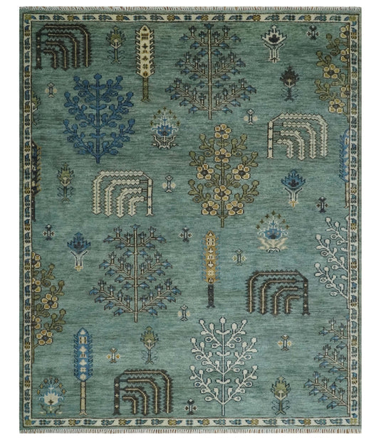 Teal Green Traditional Turkish Hand knotted Tree of life 8x10 wool Area Rug