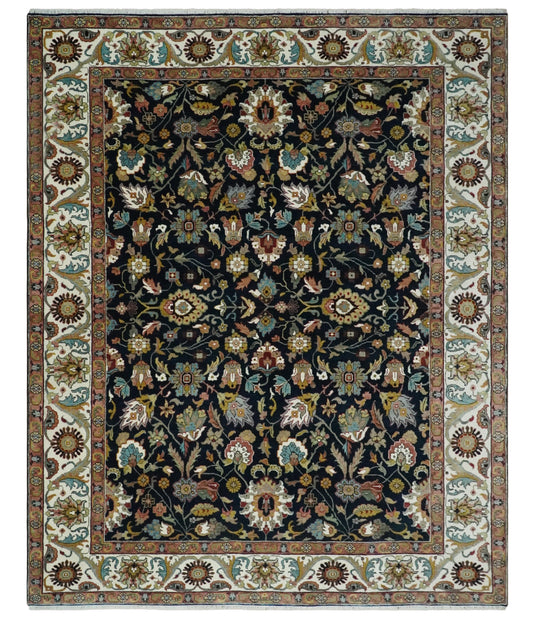 Black and Ivory Hand knotted Premium look Traditional Floral 8x10 wool Area Rug