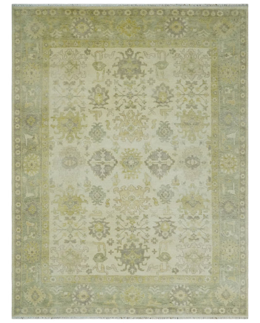 Traditional Hand knotted Ivory and Olive Oushak Multi Size wool Area Rug