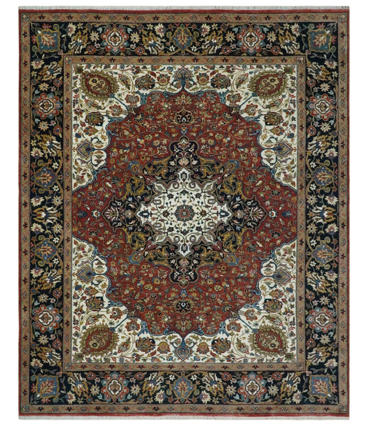 Brown, Ivory and Black Hand knotted Premium look 8x10 Traditional Heriz wool Area Rug