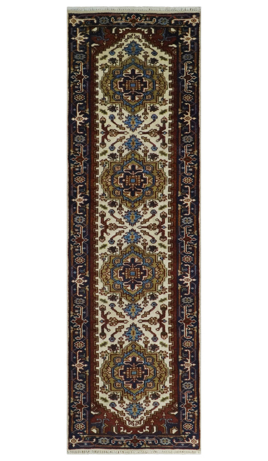 Cream, Rust and Blue Hand knotted Traditional Heriz 2.6x10 wool Area Rug