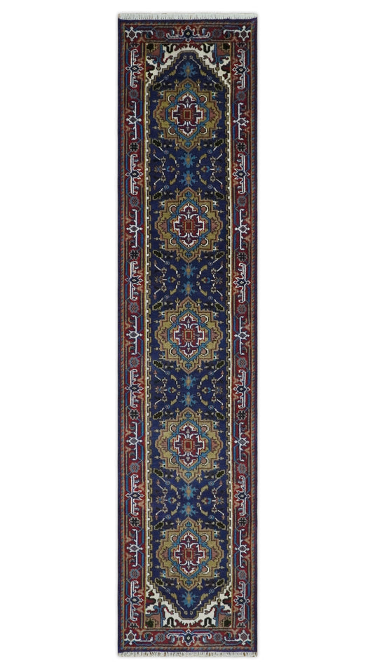 Blue, Mustard and Brown Hand knotted Traditional Heriz 2.6x12 wool Area Rug