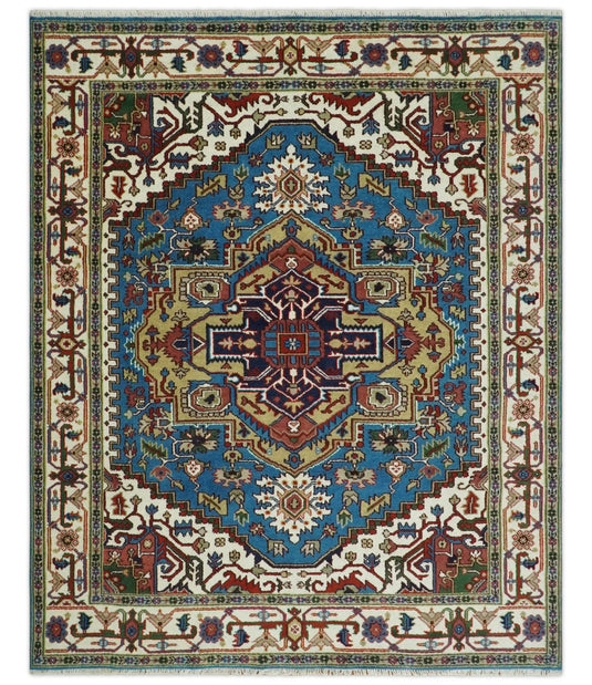 Medallion Design Blue and Ivory Hand knotted Traditional Heriz Multi Size wool Area Rug