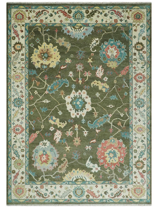 Traditional Oushak Green And Beige Hand Knotted Wool Rug 10x14 ft Ideal for Living, Bedroom And Dining Rooms