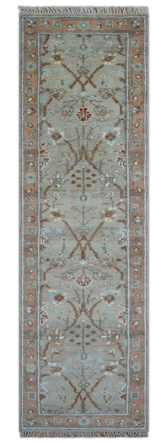 Traditional Turkish Design 2.6x10 ft Hand Knotted Silver And Rust Wool Area Rug