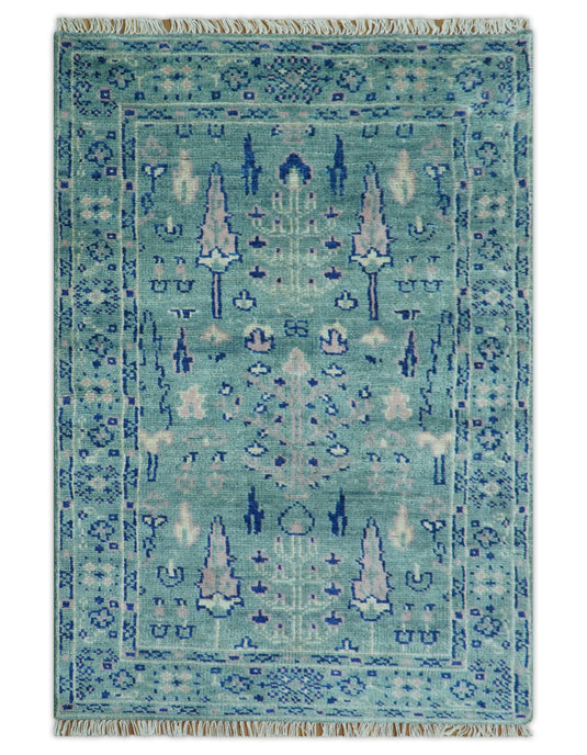 Traditional Tree of Life Design 4x6 ft Hand Knotted Teal And Blue Wool Area Rug