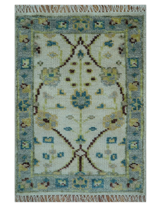 Traditional Oushak Design Ivory And Blue 2x3 ft Hand Knotted Wool Area Rug