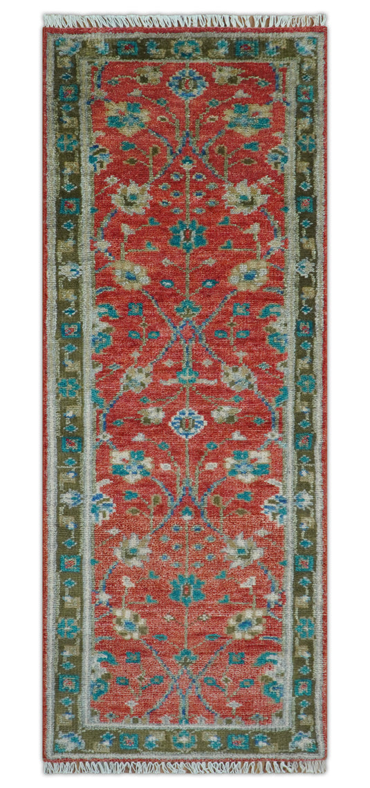 Traditional Oushak Design Red 2.6X8 ft Hand Knotted Wool Area Rug