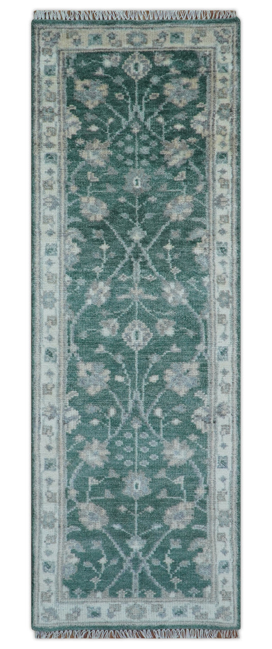 Traditional Oushak Design Green 2.6x9 ft Hand Knotted Wool Area Rug