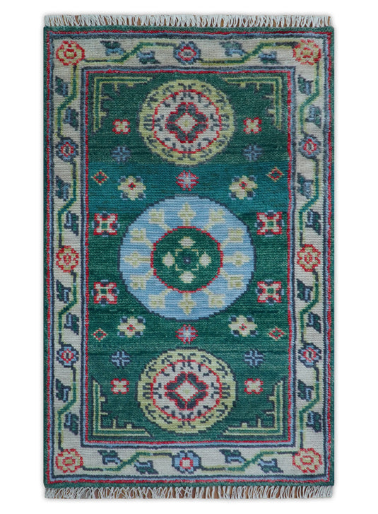 Traditional Khotan Design Teal 3x5 ft Hand Knotted Wool Area Rug
