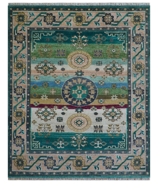 Traditional Khotan Design Beige And Teal 8x10 ft Hand Knotted Wool Area Rug