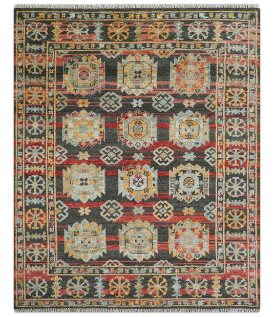 Traditional 8x10 ft Hand Knotted Charcoal And Red Wool Area Rug