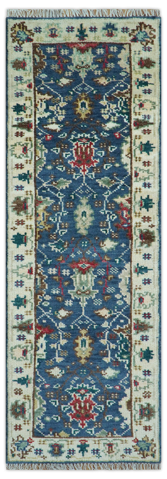Traditional Design 2.6x8 ft Hand Knotted Blue And Ivory Wool Area Rug