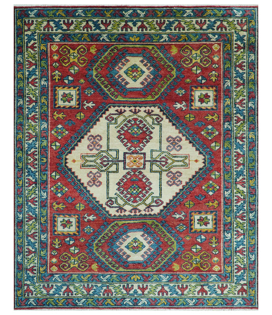 Traditional Kazak Red And Ivory 8x10 Hand Knotted Wool Ideal for Living, Bedroom And Dining Rooms