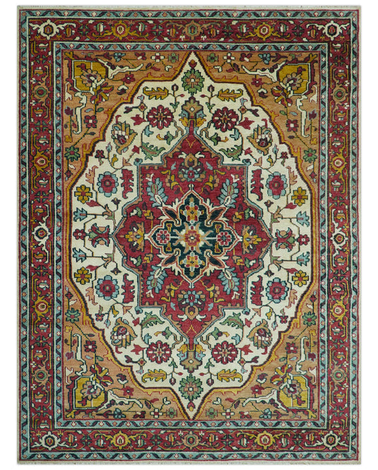 Custom Made Traditional Heriz Design Rust And Ivory Hand Knotted Wool Area Rug