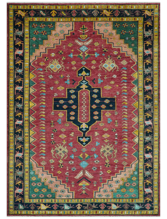 Custom Made Traditional Heriz Design Red And Green Hand Knotted Wool Area Rug