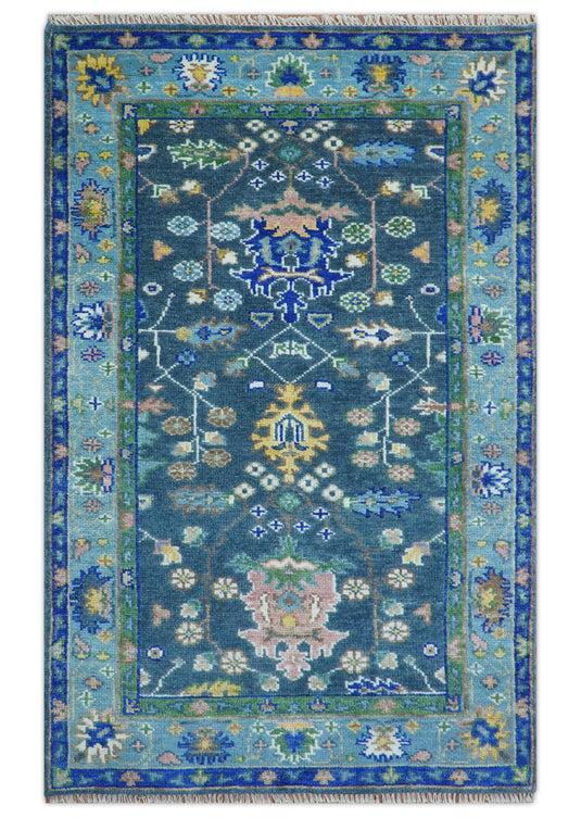 Antique Hand Knotted Green Moss and Blue Living Room Rug Traditional Oushak Wool area rug- (FC)