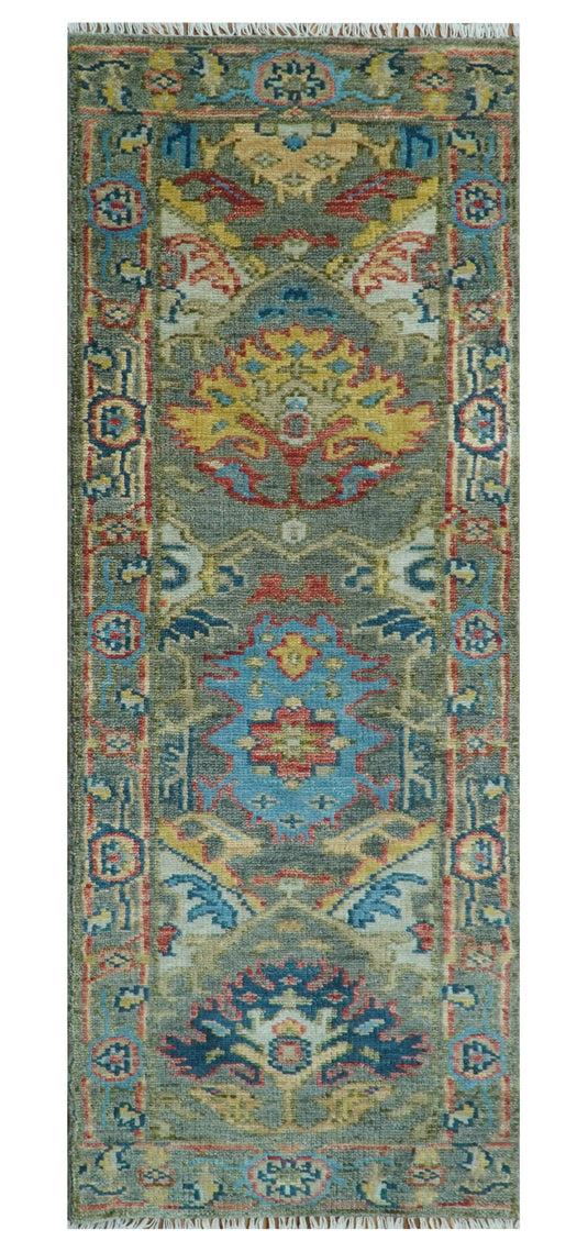 Antique Traditional Vintage Oushak Moss Gray And Blue Area Rug- (FC)