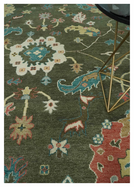 Traditional Oushak Green And Beige Hand Knotted Wool Rug 10x14 ft Ideal for Living, Bedroom And Dining Rooms