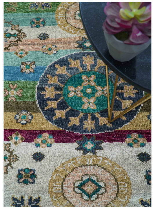 Traditional Khotan Design Beige And Teal 8x10 ft Hand Knotted Wool Area Rug