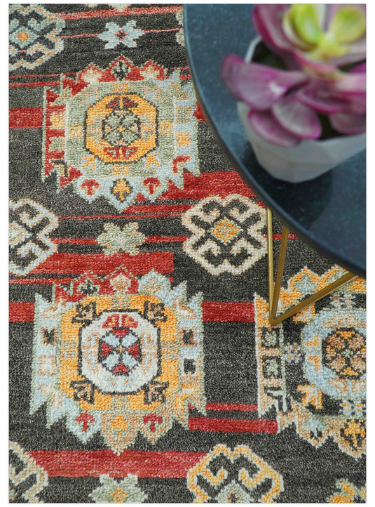 Traditional 8x10 ft Hand Knotted Charcoal And Red Wool Area Rug