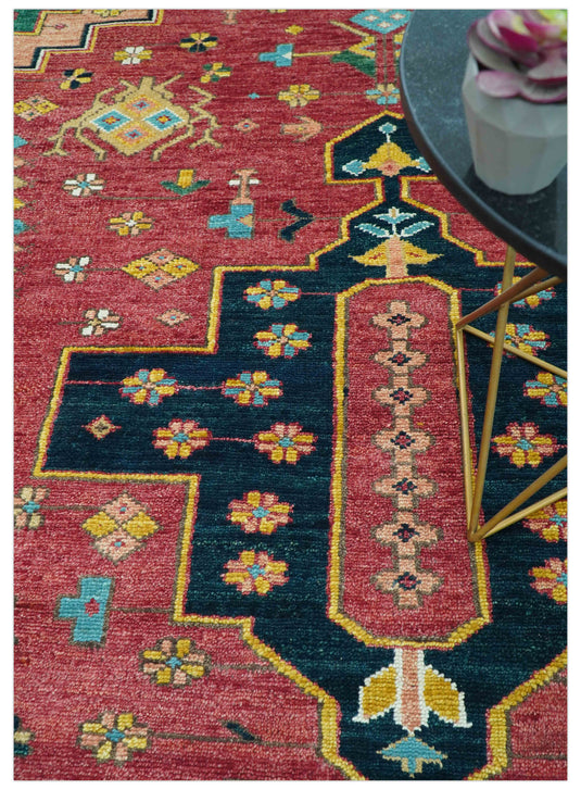 Traditional Heriz Design Red And Green 10x14 Hand Knotted Wool Ideal for Living, Bedroom And Dining Rooms