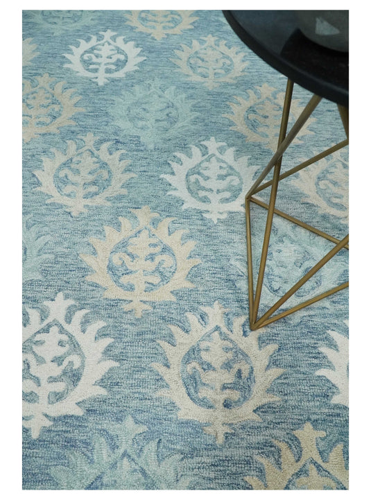 Custom Made Traditional Ikat Pattern Gray, Ivory, Beige And Blue Hand Tufted Wool Area Rug