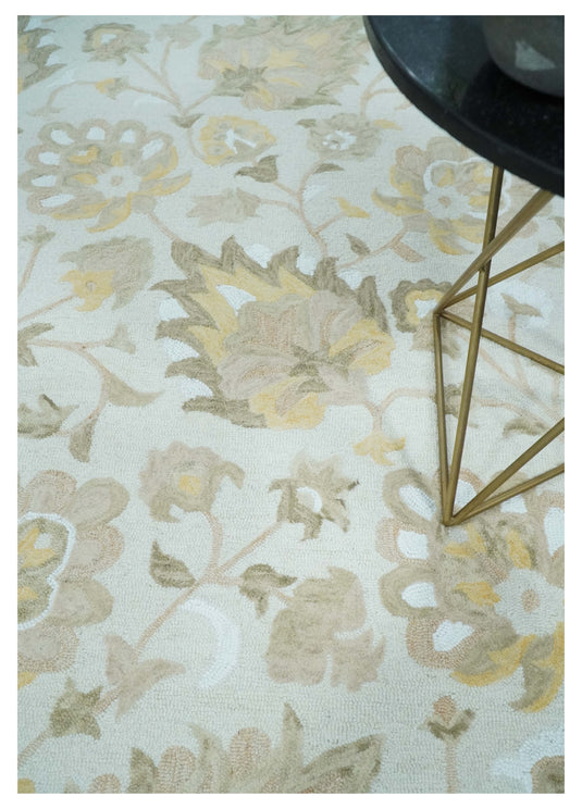 Custom Made Floral Pattern Silver, Olive, Beige And Yellow Hand Tufted Wool Area Rug