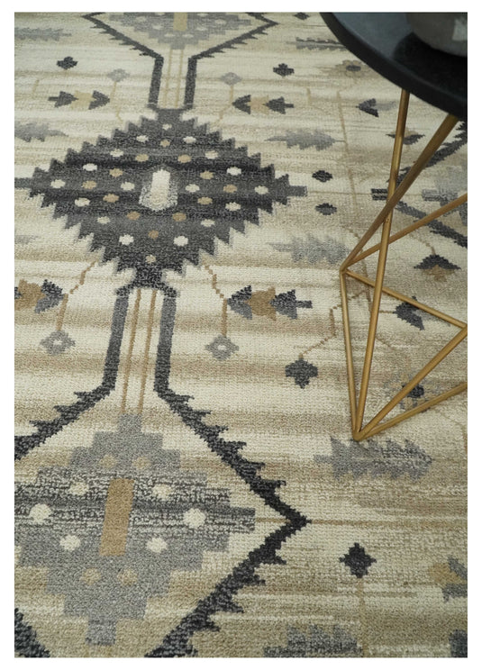 Traditional Tribal Pattern Charcoal, Gray, Beige and Ivory Hand Knotted 8x10 ft wool Area Rug