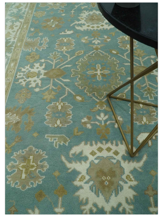 Custom Made Hand Knotted Blue, Green And ivory Oushak Rug Wool Area Rug