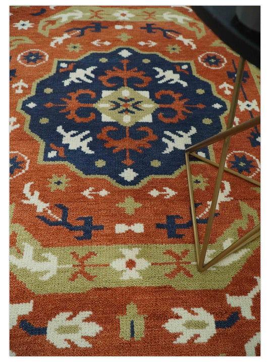 Rust, Blue And Ivory Traditional Medallion Mamluk Hand Knotted 6x9 ft wool Area Rug