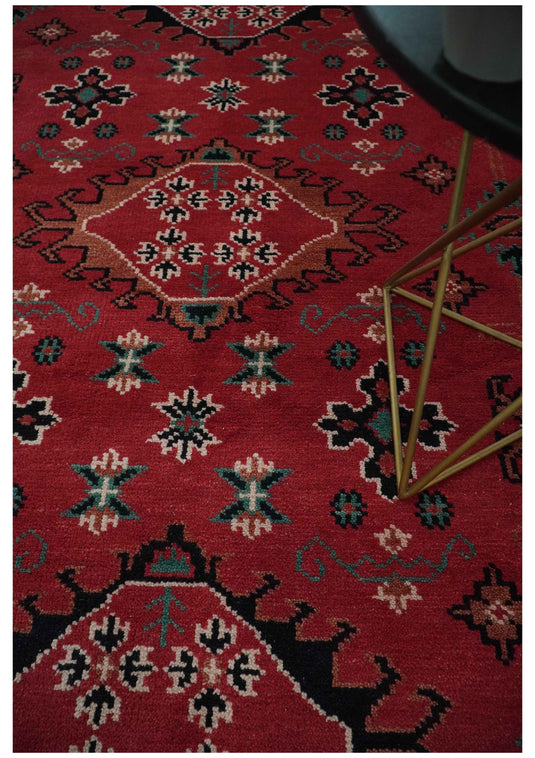 Traditional Tribal Pattern Red and Black Hand Knotted 8x10 ft wool Area Rug