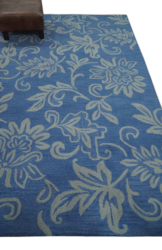 Custom Made Floral Pattern Gray And Blue Hand Tufted  Wool Area Rug