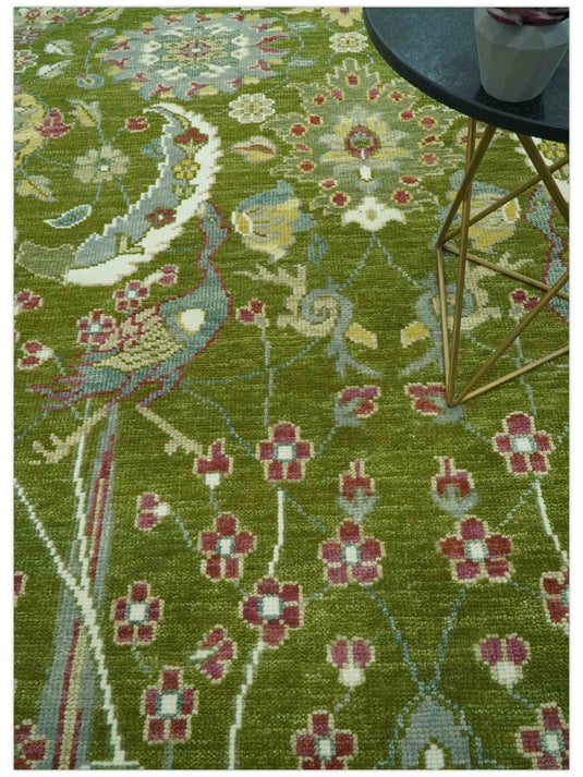 Custom Made Hand Knotted Green Peacock Motifs Wool Area Rug