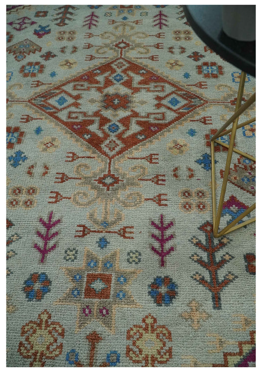 Custom Made Traditional Medallion Pattern Beige, Grey and Blue Hand Knotted wool Area Rug