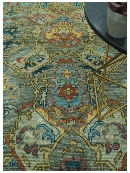 Custom Made Hand Knotted Green, Gray, Teal And Rust Traditional Oushak Wool Rug Wool Area Rug