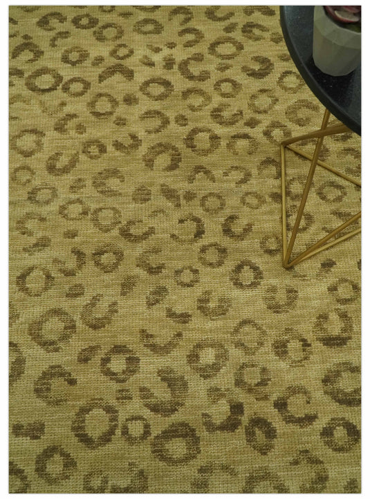 Custom Made Hand Knotted Brown And Tan Leopard Print Wool Area Rug