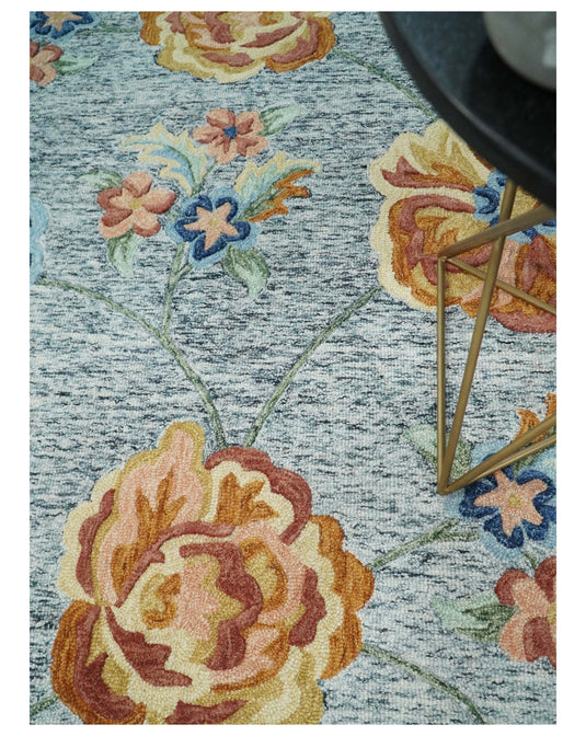 Custom Made Floral Gray, Blue, Peach, Gold  And Green Hand Tufted Wool Area Rug