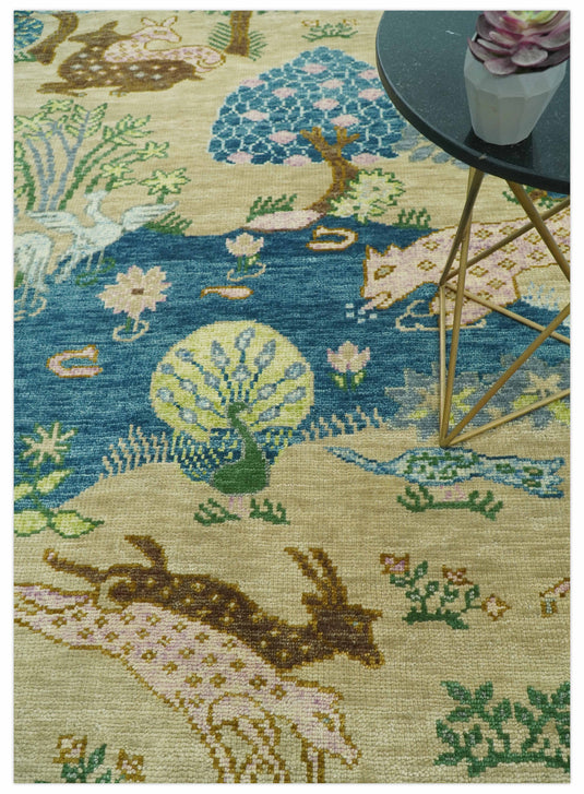Custom Made Nature Vintage Style Beige And Blue Hand Knotted Wool Area Rug