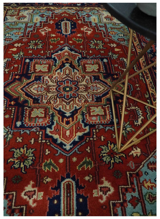 HandKnotted Heriz Serapi Rug Navy Blue, and Rust Ideal for Living, Bedroom, and Dining Room 5x8, 6x9, 8x10, 9x12 and 10x14 Wool Rug