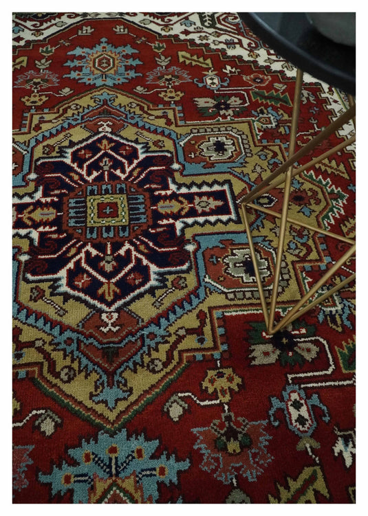 Hand Knotted Heriz Serapi Rug Rust and Blue 8x10 ft Ideal for Living, Bedroom, and Dining Rooms | CP1859810S