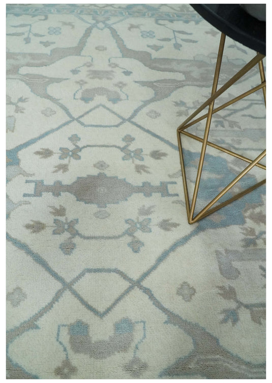 Hand Knotted Oriental Oushak Rug Ivory and Teal Multi Size Ideal for Living, Bedroom, and Dining Rooms |CP1878