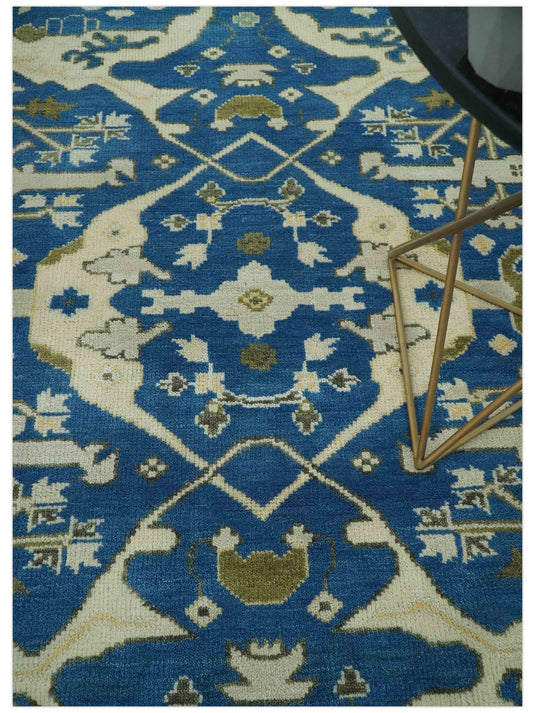 Custom Made Hand Knotted Oriental Oushak Blue, Ivory And Olive Wool Area Rug