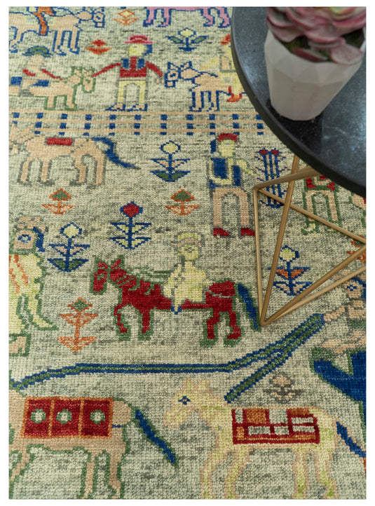 Folk Art Green, Beige, Blue And Rust Hand Knotted 8x10 ft Wool Rug Ideal for Living, Bedroom And Dining Rooms