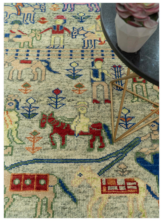 Custom Made Folk Art Green, Beige, Blue And Rust Hand Knotted Wool Area Rug