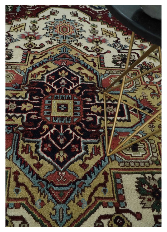 Hand Knotted Heriz Serapi Rug Ivory Red and Blue Multi Size Ideal for Living, Bedroom, and Dining Rooms | CP1858